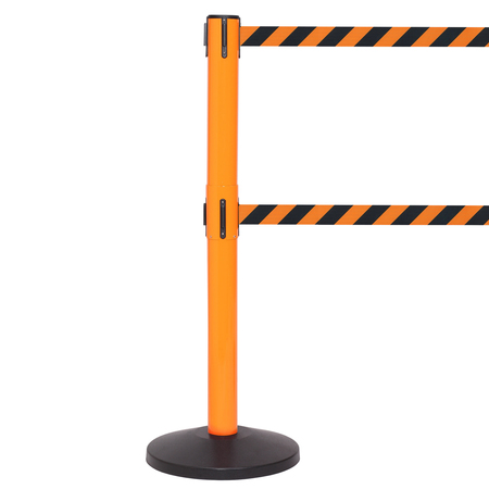 QUEUE SOLUTIONS SafetyPro 300, Orange, 16' Black/Yellow Horizontal Stripe Belt SPROTwin300O-BYW160
